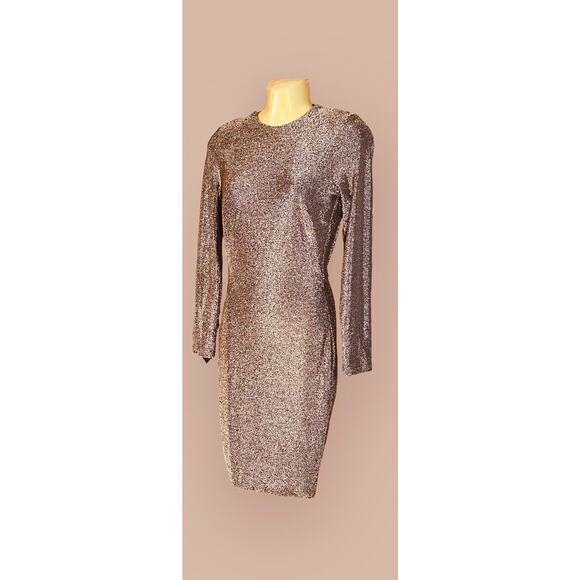 Privy Brown Bodycon Dress w/ Gold Sparkles Size Medium Plunging Draped Back NWT - Picture 2 of 6